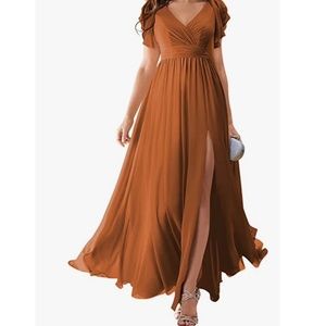 Flowy Chiffon Burnt Orange Formal Evening Dress for Women A Line Side Slit